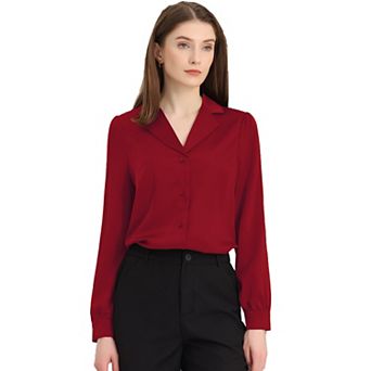 Women's Elegant Collar Blouse Long Sleeve Work Office Satin Button Down Shirt