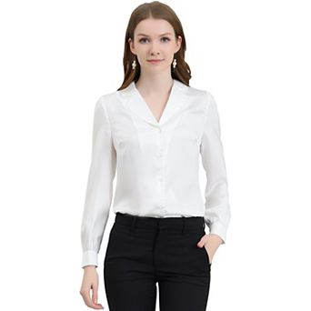 Women's Elegant Collar Blouse Long Sleeve Work Office Satin Button Down Shirt