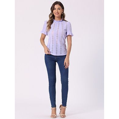 Crochet Eyelet Top For Women's Mock Neck Puffy Sleeve Ruffle Casual Embroidery Blouse