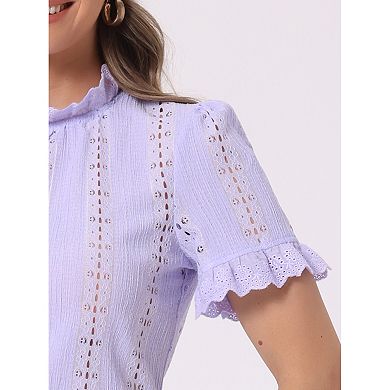 Crochet Eyelet Top For Women's Mock Neck Puffy Sleeve Ruffle Casual Embroidery Blouse