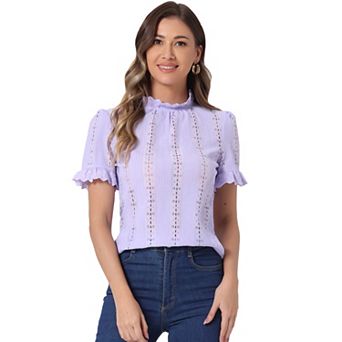 Crochet Eyelet Top For Women's Mock Neck Puffy Sleeve Ruffle Casual Embroidery Blouse