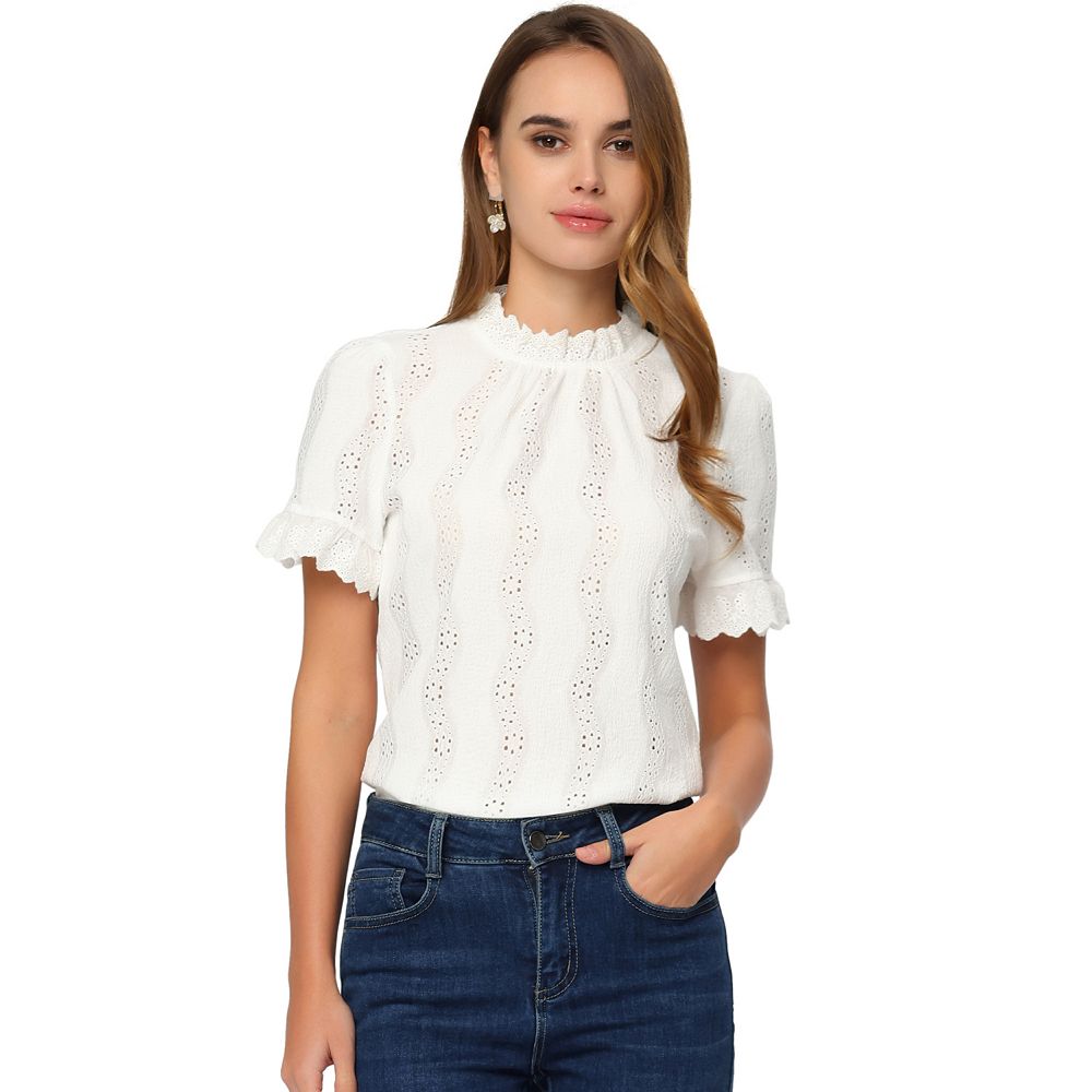 MEROKEETY Women's Hollow Out Lace Blouse Eyelet Embroidery Puff Long Shirts