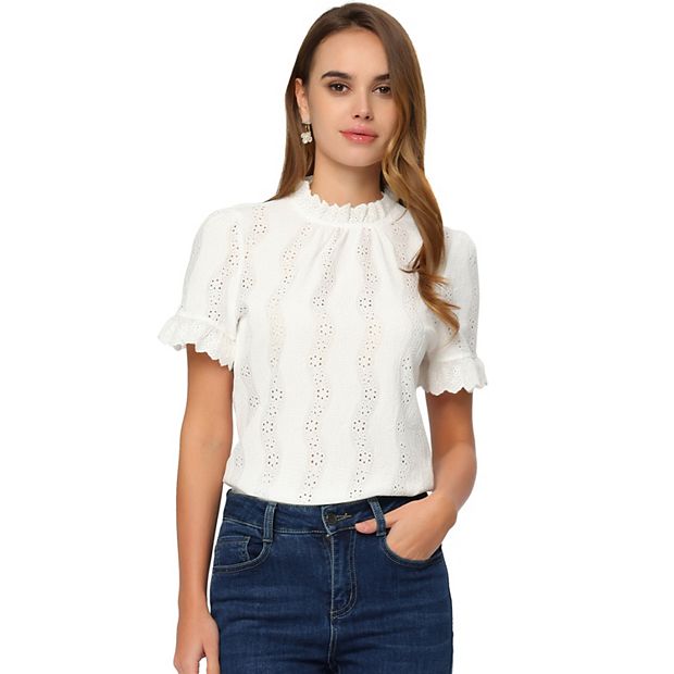 Crochet Eyelet Top For Women s Mock Neck Puffy Sleeve Ruffle Casual Embroidery Blouse