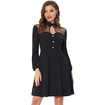 Women's Point Collar Mesh Panel Keyhole Halloween Party Dress