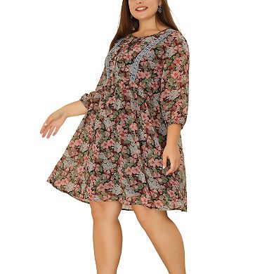 Women's Plus Size 3/4 Sleeves Summer Babydoll Floral Midi Dress