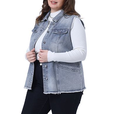Women's Plus Size Fashion Vest Raw-Hem Sleeveless Denim Jacket
