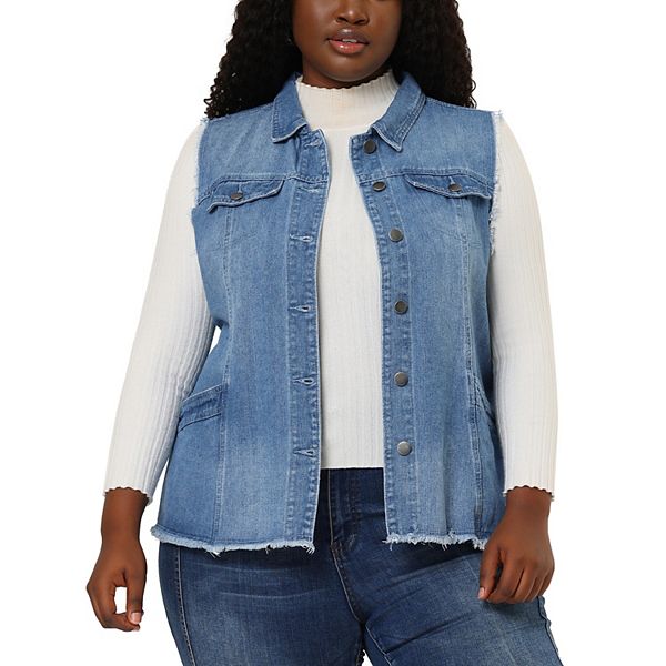 Women's Plus Size Fashion Vest Raw-Hem Sleeveless Denim Jacket