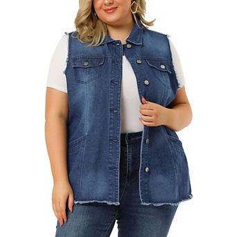 Women's Plus Size Fashion Vest Raw-Hem Sleeveless Denim Jacket