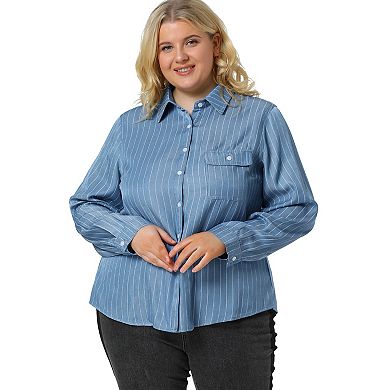 Women's Plus Size Stripe Long Sleeve Chest Pockets Denim Work Shirt