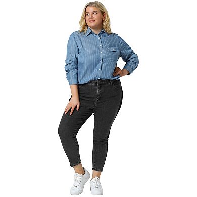 Women's Plus Size Stripe Long Sleeve Chest Pockets Denim Work Shirt