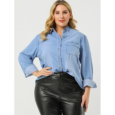 Women's Plus Size Stripe Long Sleeve Chest Pockets Denim Work Shirt