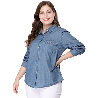 Women's Plus Size Stripe Long Sleeve Chest Pockets Denim Work Shirt