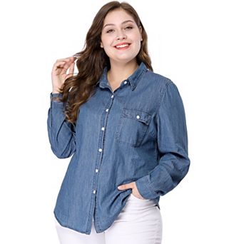 Women's Plus Size Stripe Long Sleeve Chest Pockets Denim Work Shirt