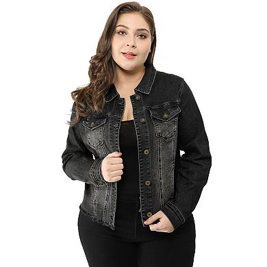 Women's Plus Size Outfits Classic Washed Front Frayed Denim Jacket