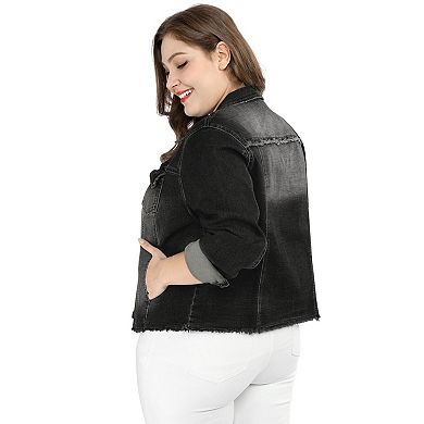 Women's Plus Size Outfits Classic Washed Front Frayed Denim Jacket