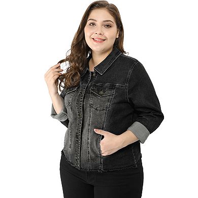 Women's Plus Size Outfits Classic Washed Front Frayed Denim Jacket