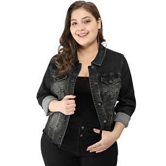 Women's Plus Size Outfits Classic Washed Front Frayed Denim Jacket
