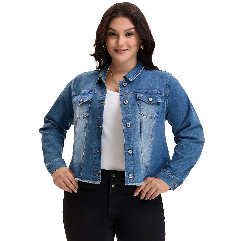Women's Plus Size Outfits Classic Washed Front Frayed Denim Jacket