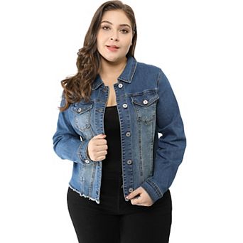 Women's Plus Size Outfits Classic Washed Front Frayed Denim Jacket