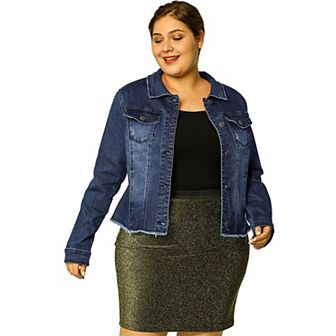 Women's Plus Size Outfits Classic Washed Front Frayed Denim Jacket