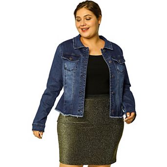 Women's Plus Size Outfits Classic Washed Front Frayed Denim Jacket