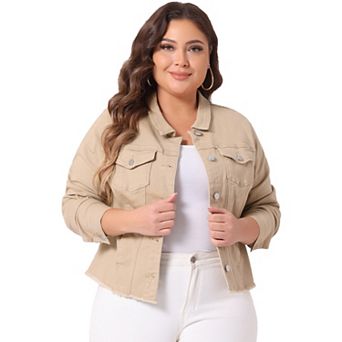 Women's Plus Size Outfits Classic Washed Front Frayed Denim Jacket