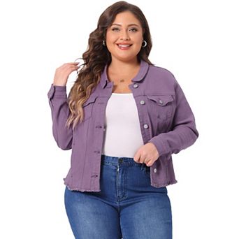 Women's Plus Size Outfits Classic Washed Front Frayed Denim Jacket