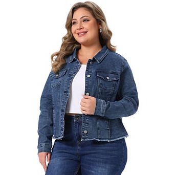 Women's Plus Size Outfits Classic Washed Front Frayed Denim Jacket