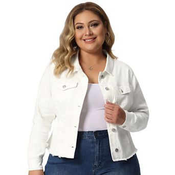 Women's Plus Size Outfits Classic Washed Front Frayed Denim Jacket