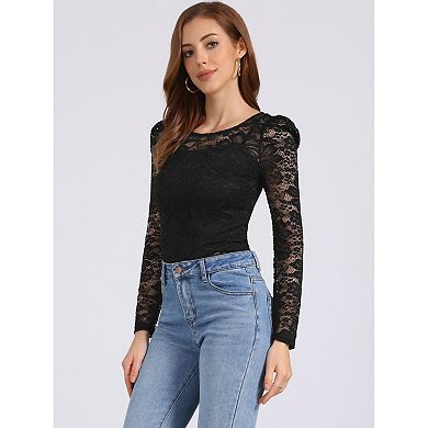 Women's Vintage Semi Sheer Long Sleeve Embroidery Blouse Lace Top