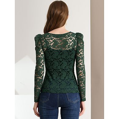 Women's Vintage Semi Sheer Long Sleeve Embroidery Blouse Lace Top