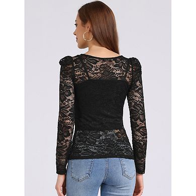 Women's Vintage Semi Sheer Long Sleeve Embroidery Blouse Lace Top