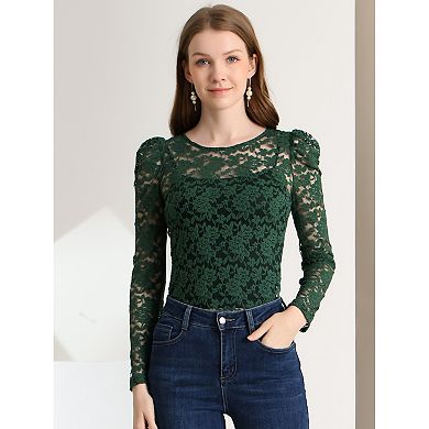 Women's Vintage Semi Sheer Long Sleeve Embroidery Blouse Lace Top