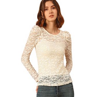 Women's Vintage Semi Sheer Long Sleeve Embroidery Blouse Lace Top