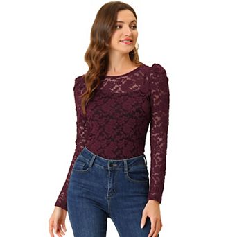 Women's Vintage Semi Sheer Long Sleeve Embroidery Blouse Lace Top