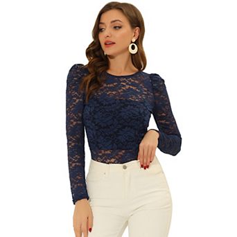 Women's Vintage Semi Sheer Long Sleeve Embroidery Blouse Lace Top