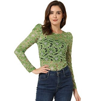 Women's Vintage Semi Sheer Long Sleeve Embroidery Blouse Lace Top