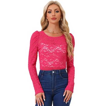 Women's Vintage Semi Sheer Long Sleeve Embroidery Blouse Lace Top