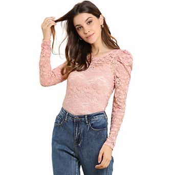 Women's Vintage Semi Sheer Long Sleeve Embroidery Blouse Lace Top