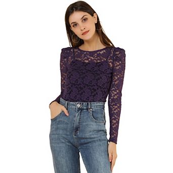 Women's Vintage Semi Sheer Long Sleeve Embroidery Blouse Lace Top