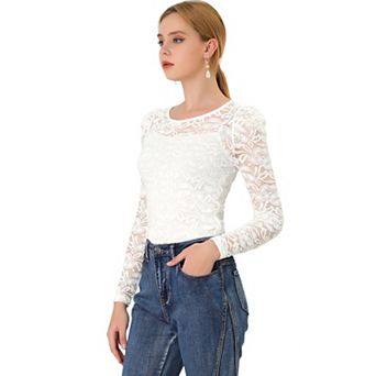 Women's Vintage Semi Sheer Long Sleeve Embroidery Blouse Lace Top