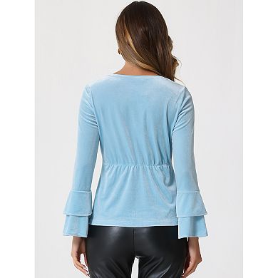 Women's V Neck Velvet Blouse Flare Long Sleeve Peplum Top