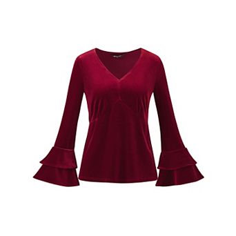 Women's V Neck Velvet Blouse Flare Long Sleeve Peplum Top