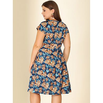 Women's Plus Size Summer A Line V Neck Cap Sleeve Floral Shirtdress