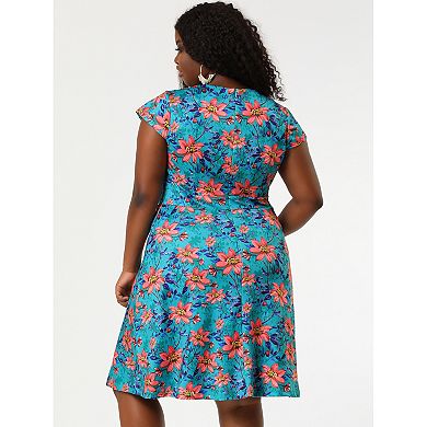 Women's Plus Size Summer A Line V Neck Cap Sleeve Floral Shirtdress