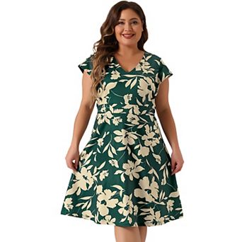 Women's Plus Size Summer A Line V Neck Cap Sleeve Floral Shirtdress