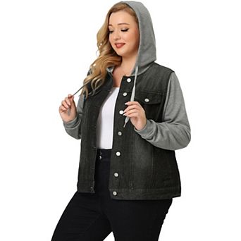 Women's Plus Size Layered Drawstring Hood Denim Jacket