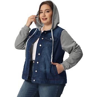 Women's Plus Size Layered Drawstring Hood Denim Jacket