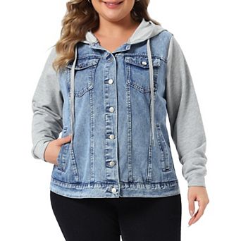 Women's Plus Size Layered Drawstring Hood Denim Jacket