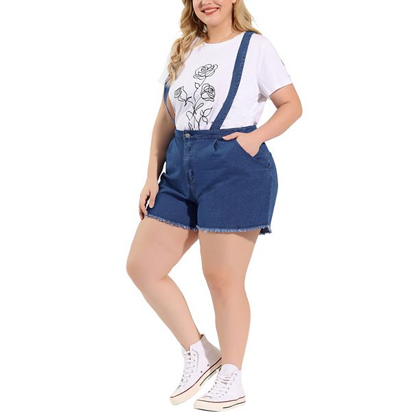 Women's Plus Size Denim Jumpsuit Shorts Fray Pocket Overalls Short Pants